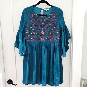 Umgee Teal Dress with Floral Embroidery Size Small
